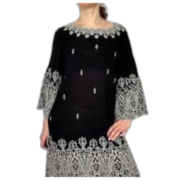 SUNDANCE Palace Shift Midi Dress Black Bell Sleeve Embroidered Scallop Hem Small - Picture 2 of 14